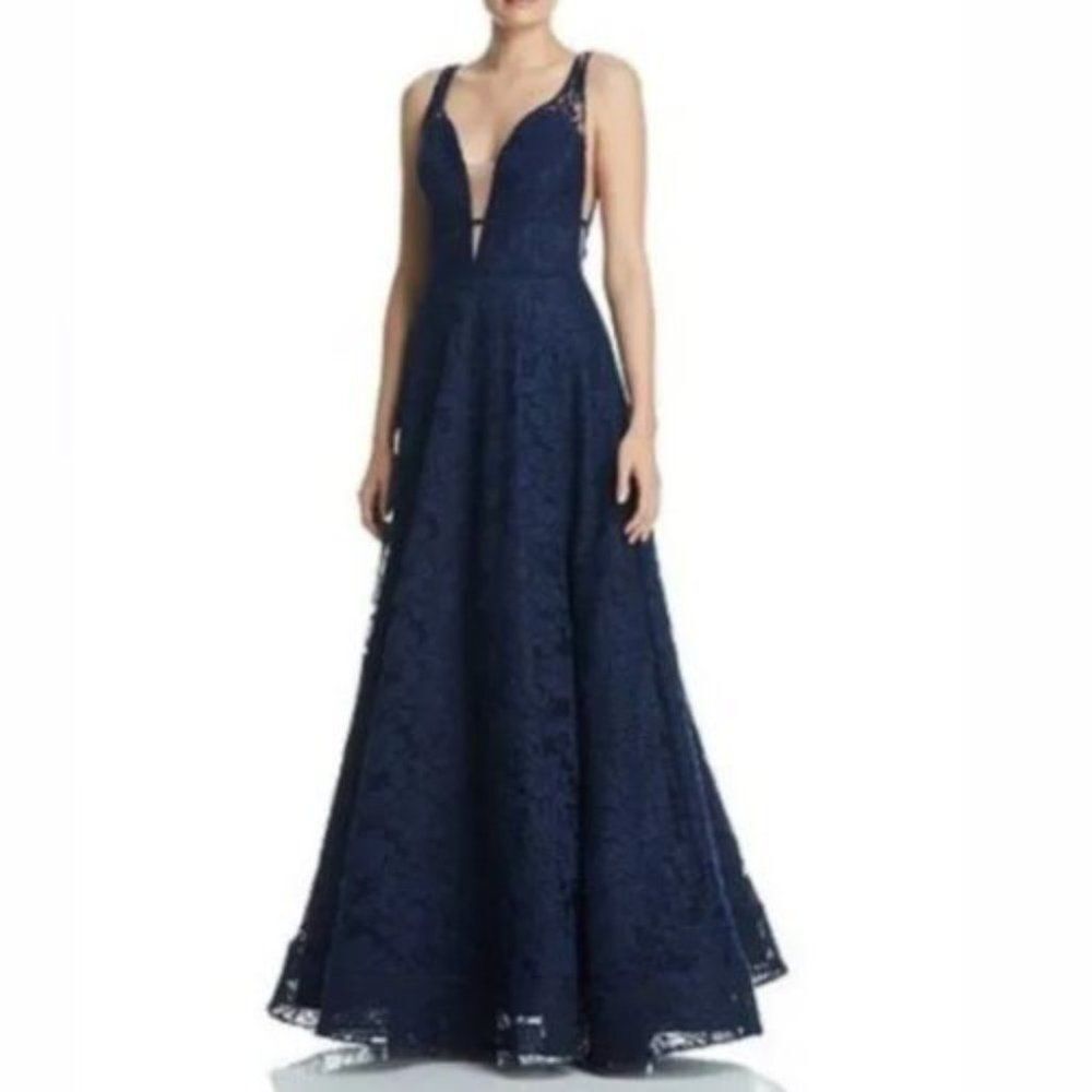 NWT Aqua Navy Plunging V-Neck Lace Gown/Prom Dress | 0